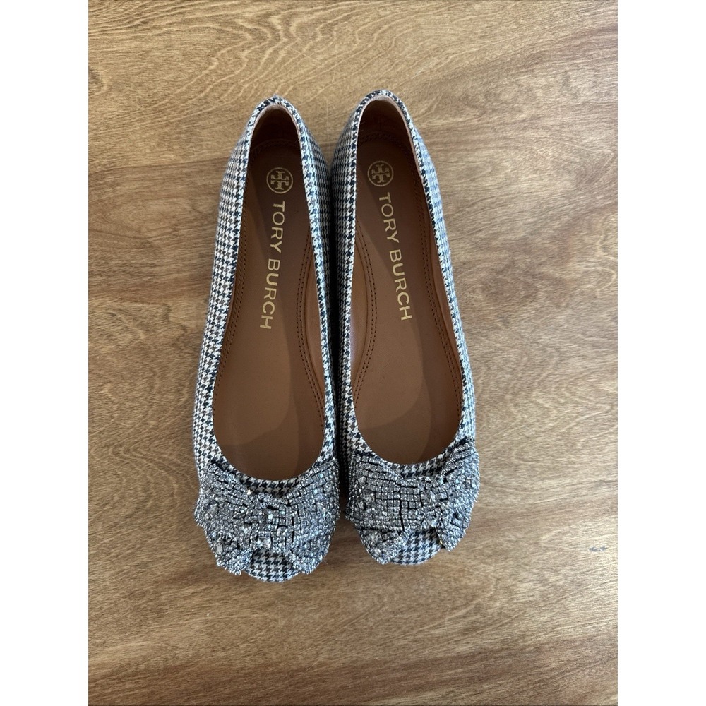 $298 TORY BURCH Crystal Bow Wool Tweed Ballet Flats Shoes SZ 7.5